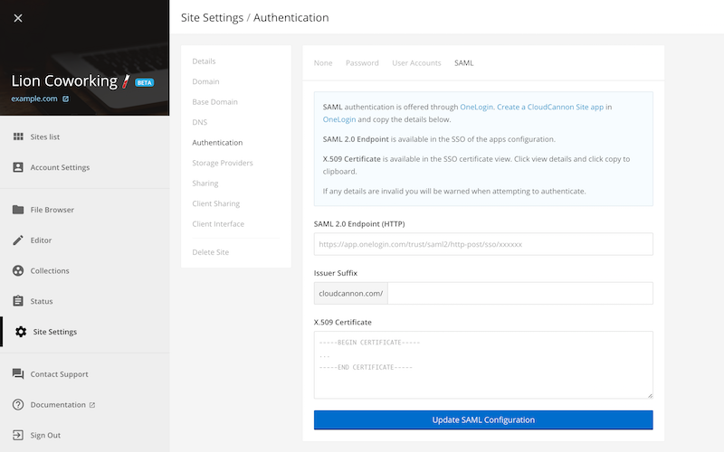 Adding SAML configuration