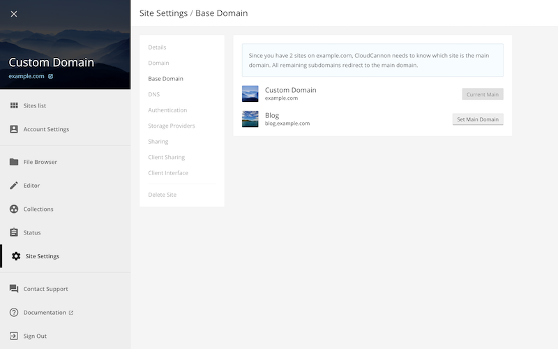 CloudCannon Base Domain interface