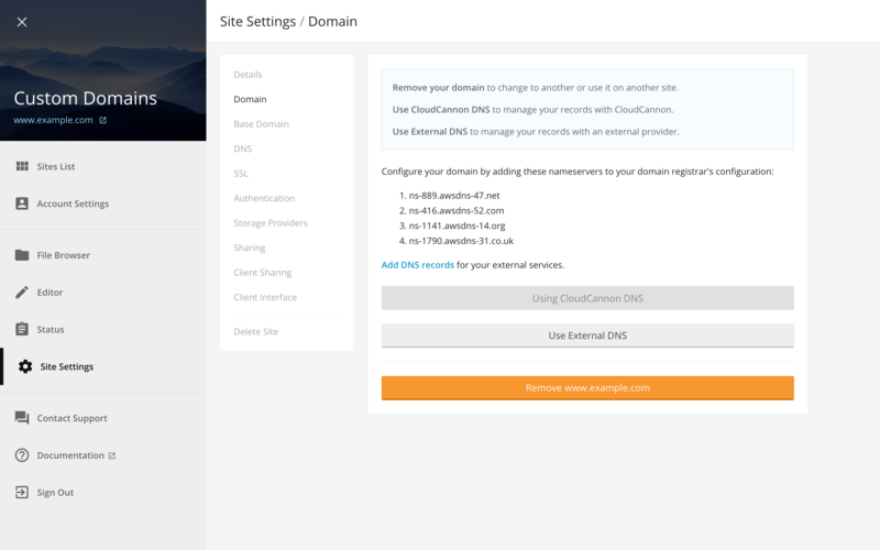 Site Settings / Domain section with CloudCannon DNS