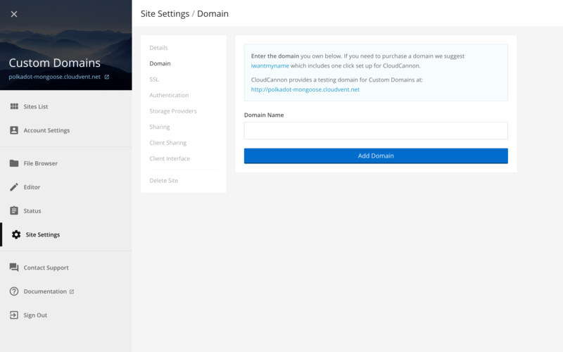 Site settings domain section with subdomain