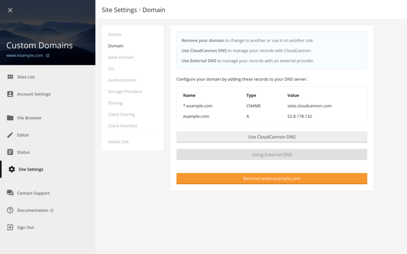 Site Settings / Domain section with external DNS