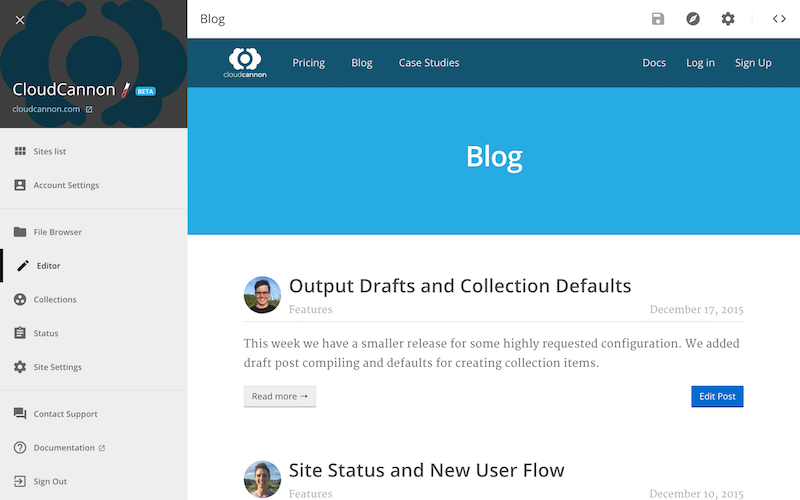 CloudCannon blog posts with edit buttons